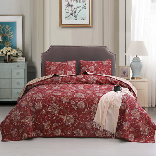 Parure de lit en pur coton à motif floral rétro (3 pièces)