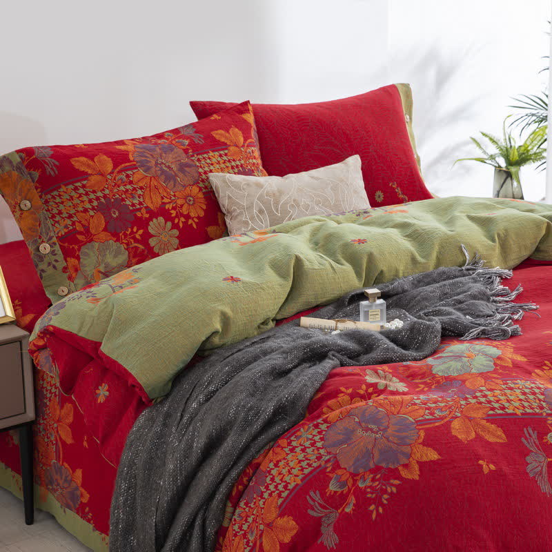 Parure de lit en pur coton avec motif floral et boutons (4 pièces)