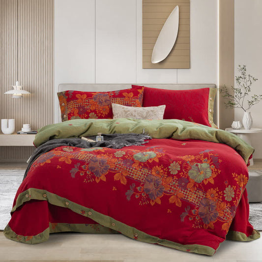 Parure de lit en pur coton avec motif floral et boutons (4 pièces)
