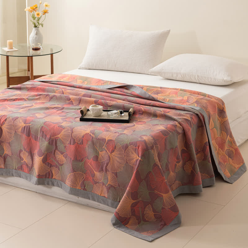Couette en gaze de coton à trois couches avec feuilles de ginkgo