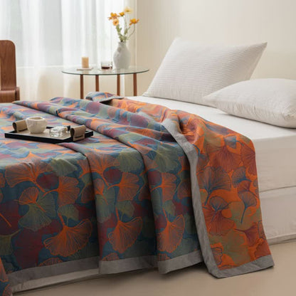 Couette en gaze de coton à trois couches avec feuilles de ginkgo