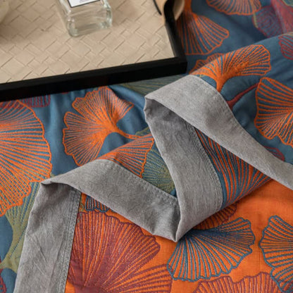 Couette en gaze de coton à trois couches avec feuilles de ginkgo