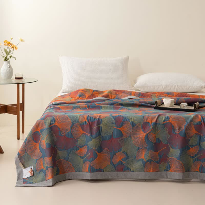 Couette en gaze de coton à trois couches avec feuilles de ginkgo