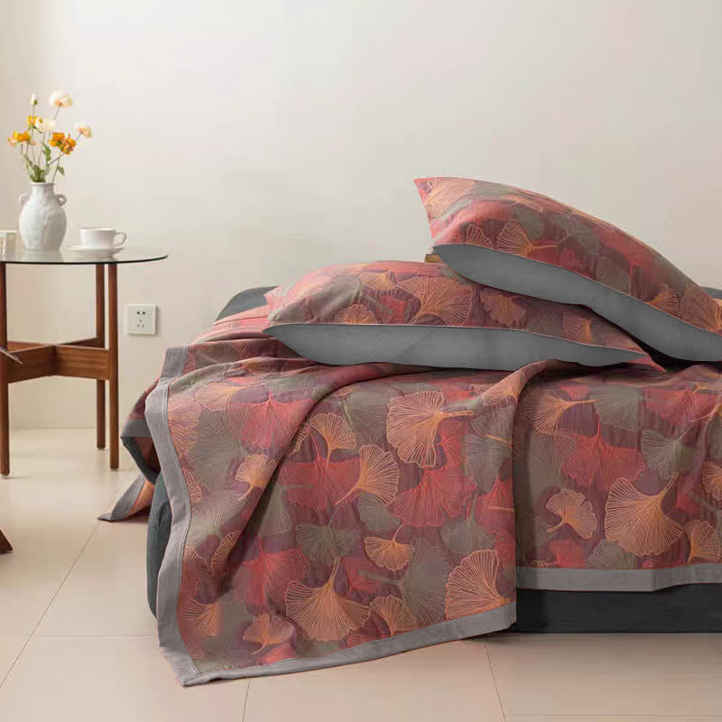 Couette en gaze de coton à trois couches avec feuilles de ginkgo - Couette avec 2 taies d'oreiller - Violet et rose - 240cm x 250cm - image 8