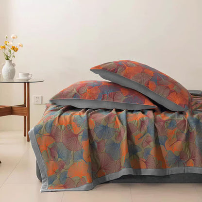 Couette en gaze de coton à trois couches avec feuilles de ginkgo