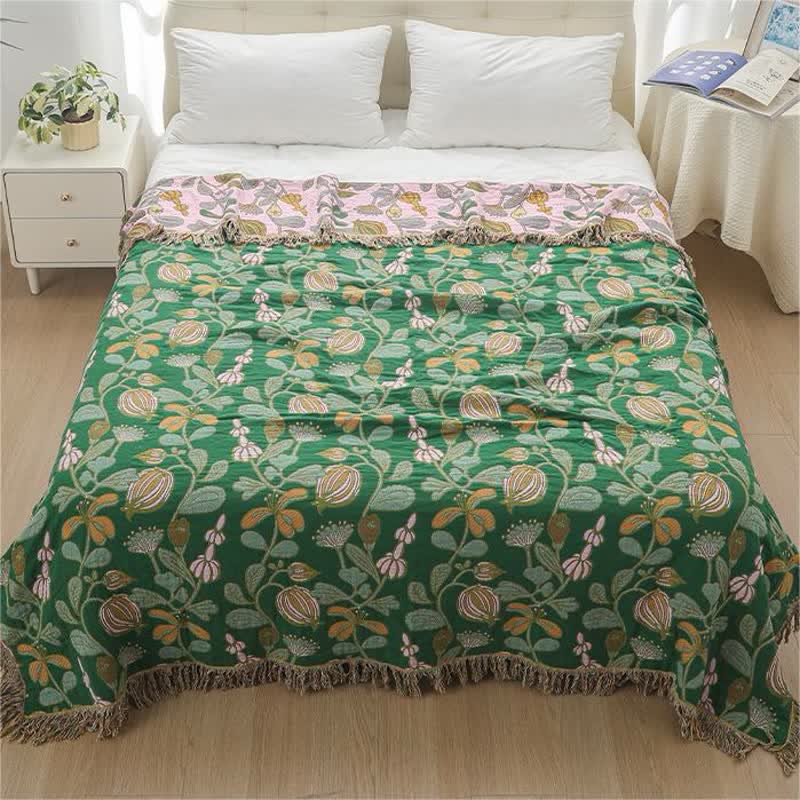 Couverture réversible en gaze de coton avec pompons fleuris