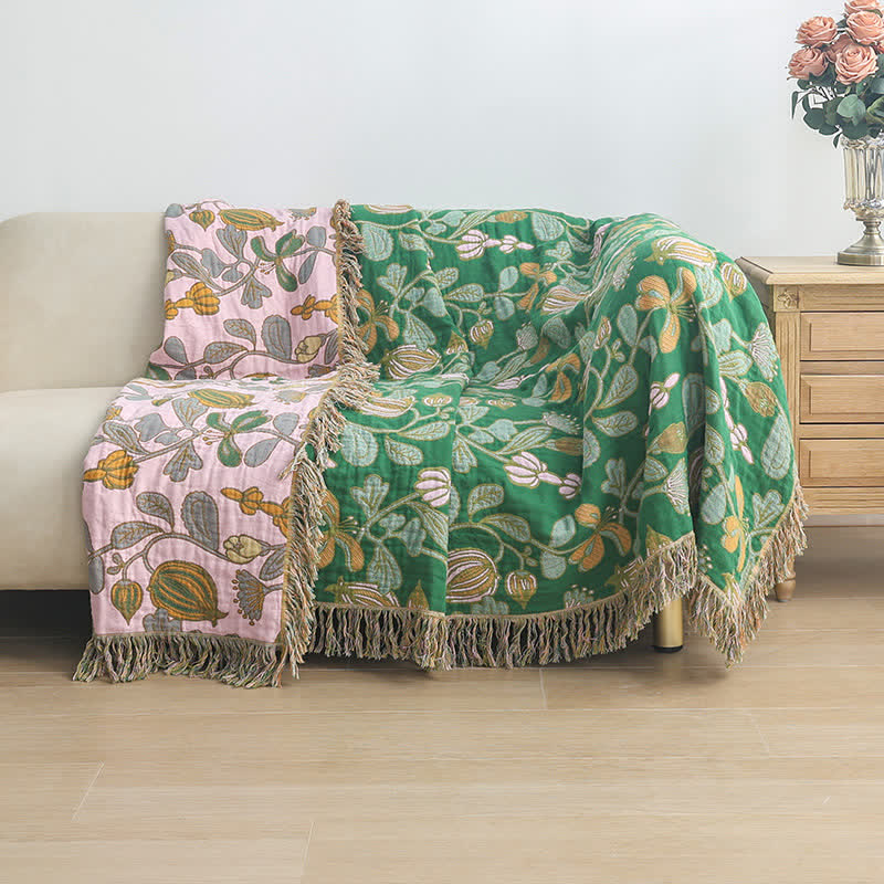 Couverture réversible en gaze de coton avec pompons fleuris