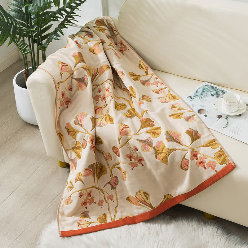 Serviette de bain en gaze de coton avec feuilles de ginkgo
