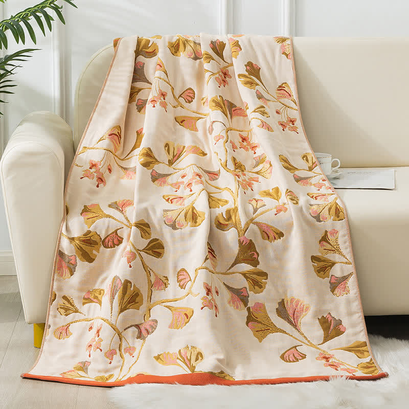 Serviette de bain en gaze de coton avec feuilles de ginkgo