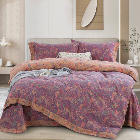 Parure de lit en gaze de coton avec boutons papillon (4 pièces)