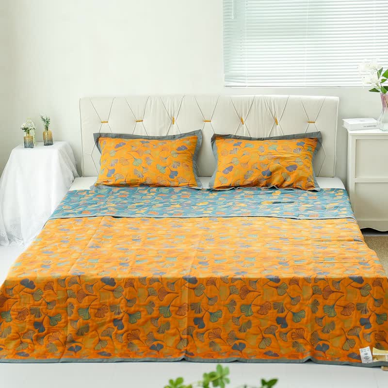 Couette réversible en coton à motif de feuilles de ginkgo