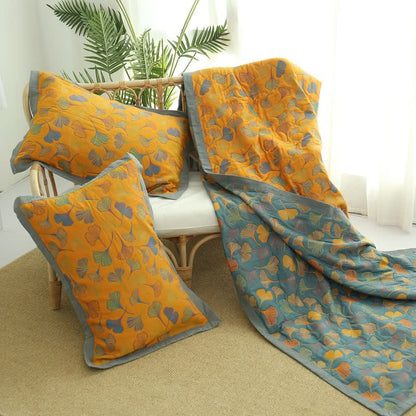 Couette réversible en coton à motif de feuilles de ginkgo