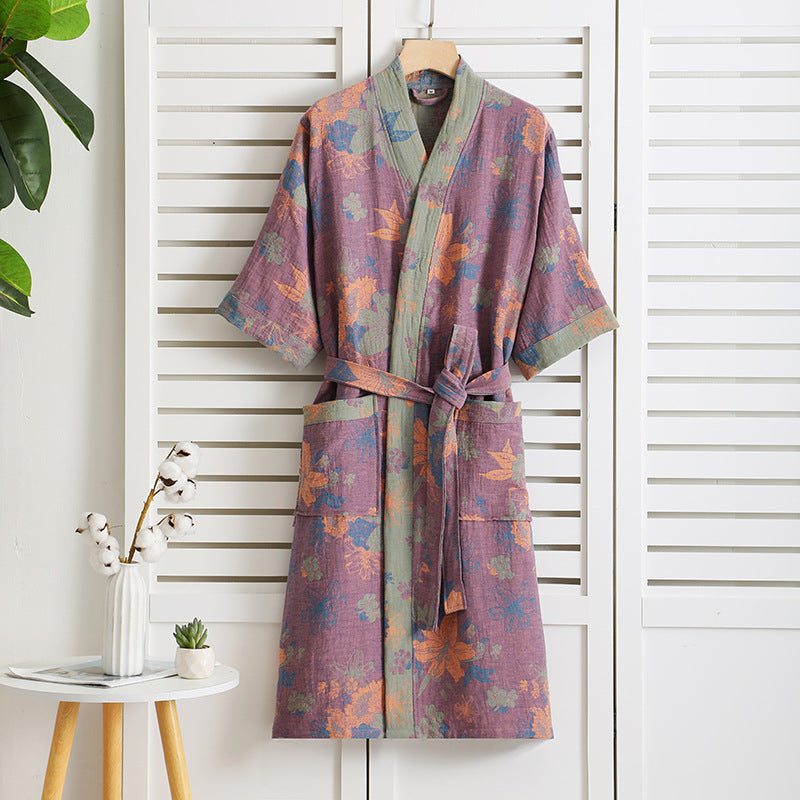 Robe de chambre en gaze de coton à manches courtes et col en V avec motif floral