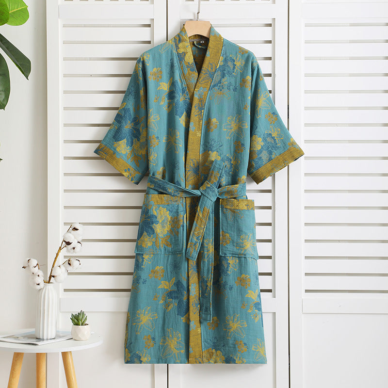 Robe de chambre en gaze de coton à manches courtes et col en V avec motif floral