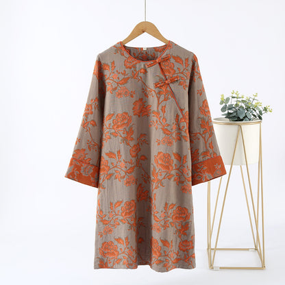 Chemise de nuit en gaze de coton à col rond et motif floral