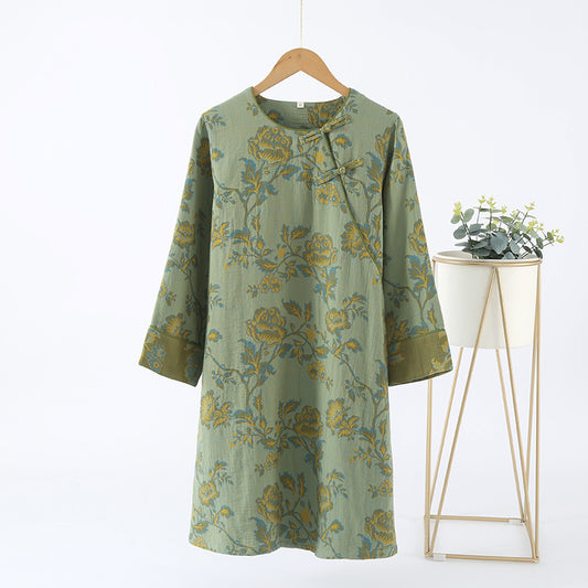 Chemise de nuit en gaze de coton à col rond et motif fleuri - Vert - M - image 0