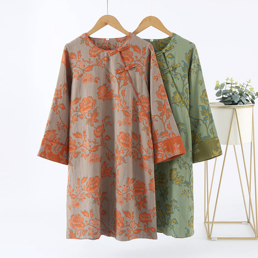 Chemise de nuit en gaze de coton à col rond et motif floral