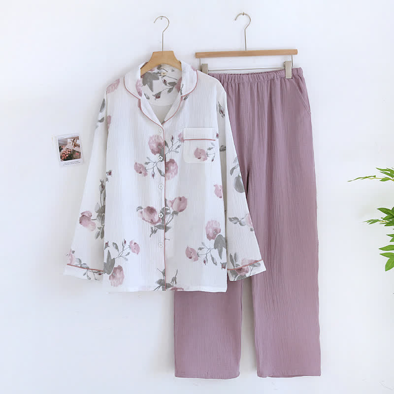 Ensemble pyjama en gaze de coton double épaisseur avec revers