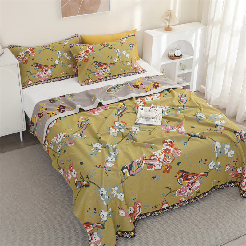 Couette légère en gaze de coton avec fleurs et oiseaux