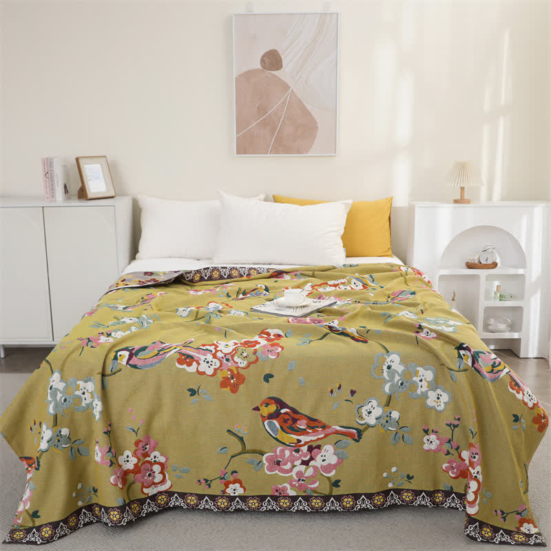 Couette légère en gaze de coton avec fleurs et oiseaux