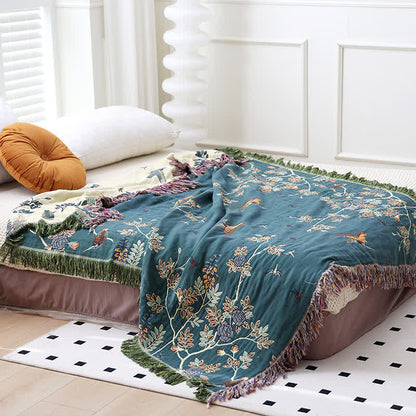 Couette réversible en gaze de coton avec oiseaux et fleurs