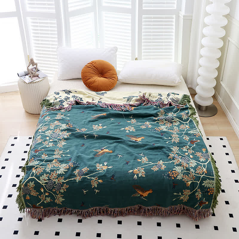 Couette réversible en gaze de coton avec oiseaux et fleurs