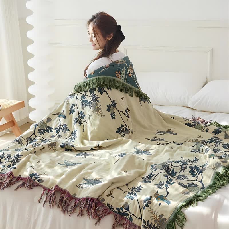 Couette réversible en gaze de coton avec oiseaux et fleurs