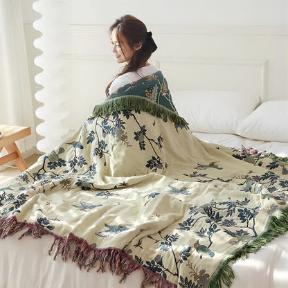 Couette réversible en gaze de coton avec oiseaux et fleurs