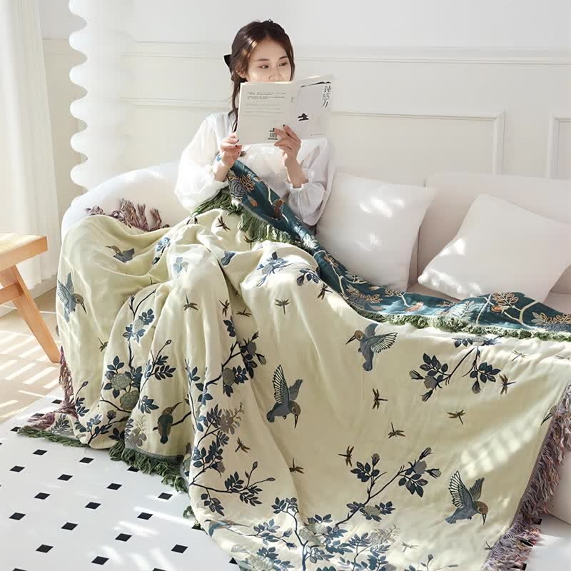 Couette réversible en gaze de coton avec oiseaux et fleurs