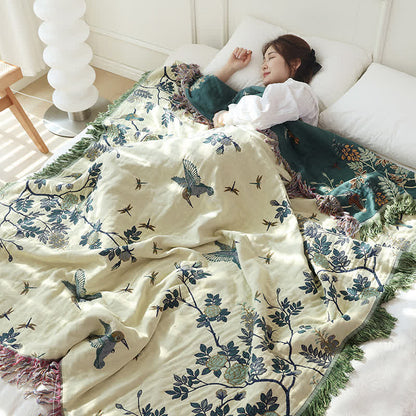 Couette réversible en gaze de coton avec oiseaux et fleurs