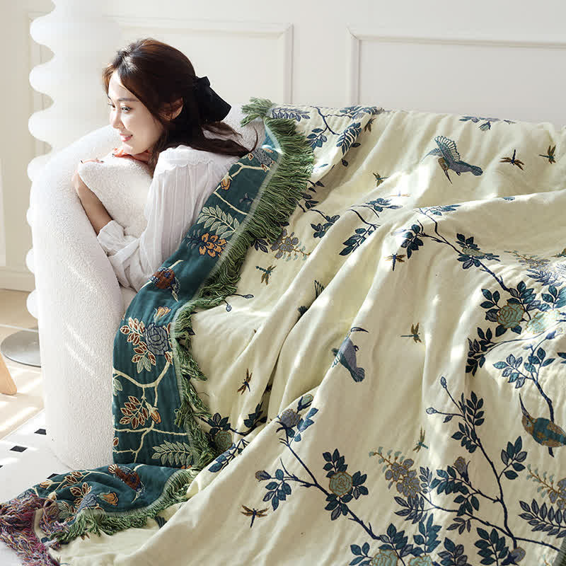 Couette réversible en gaze de coton avec oiseaux et fleurs