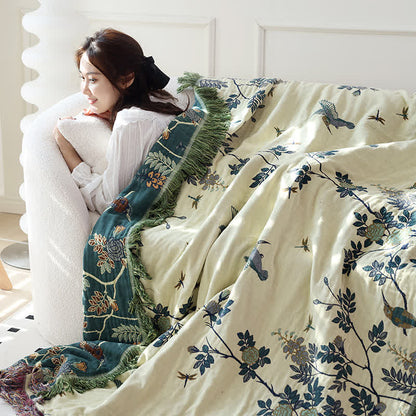 Couette réversible en gaze de coton avec oiseaux et fleurs