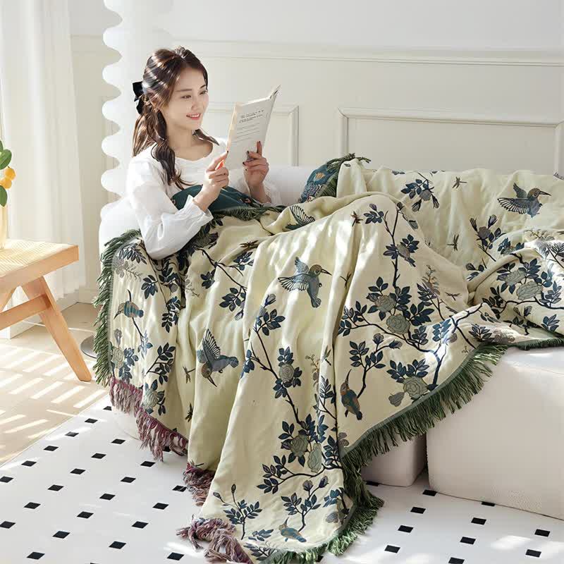 Couette réversible en gaze de coton avec oiseaux et fleurs