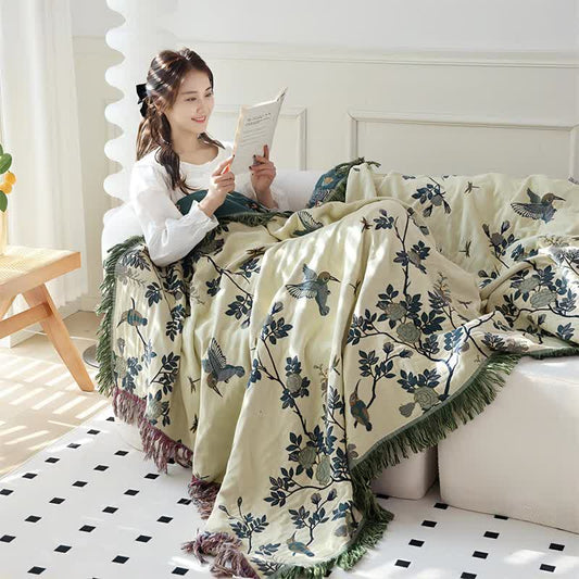 Couette réversible en gaze de coton avec oiseaux et fleurs