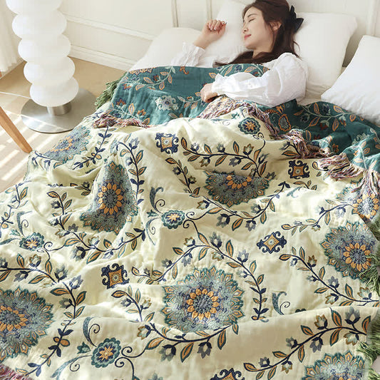 Couette réversible à motif floral et pompons en gaze de coton