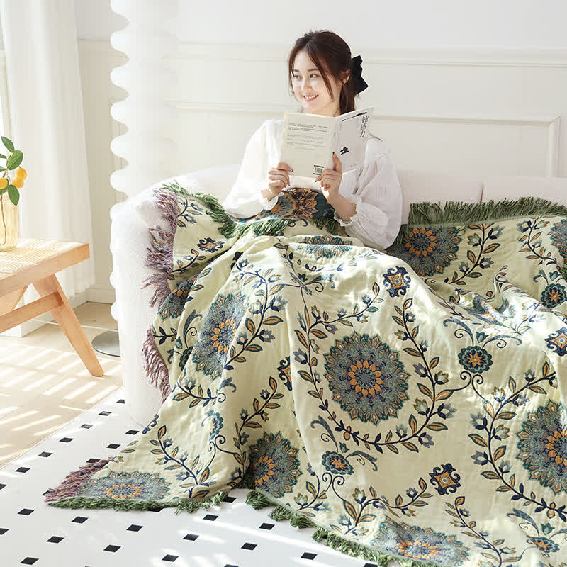 Couette réversible à motif floral et pompons en gaze de coton