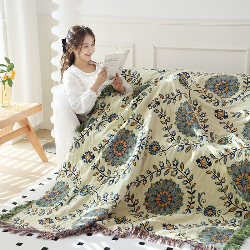 Couette réversible à motif floral et pompons en gaze de coton