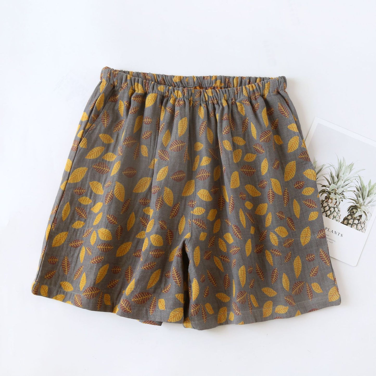 Short de pyjama en gaze de coton à imprimé floral et feuilles
