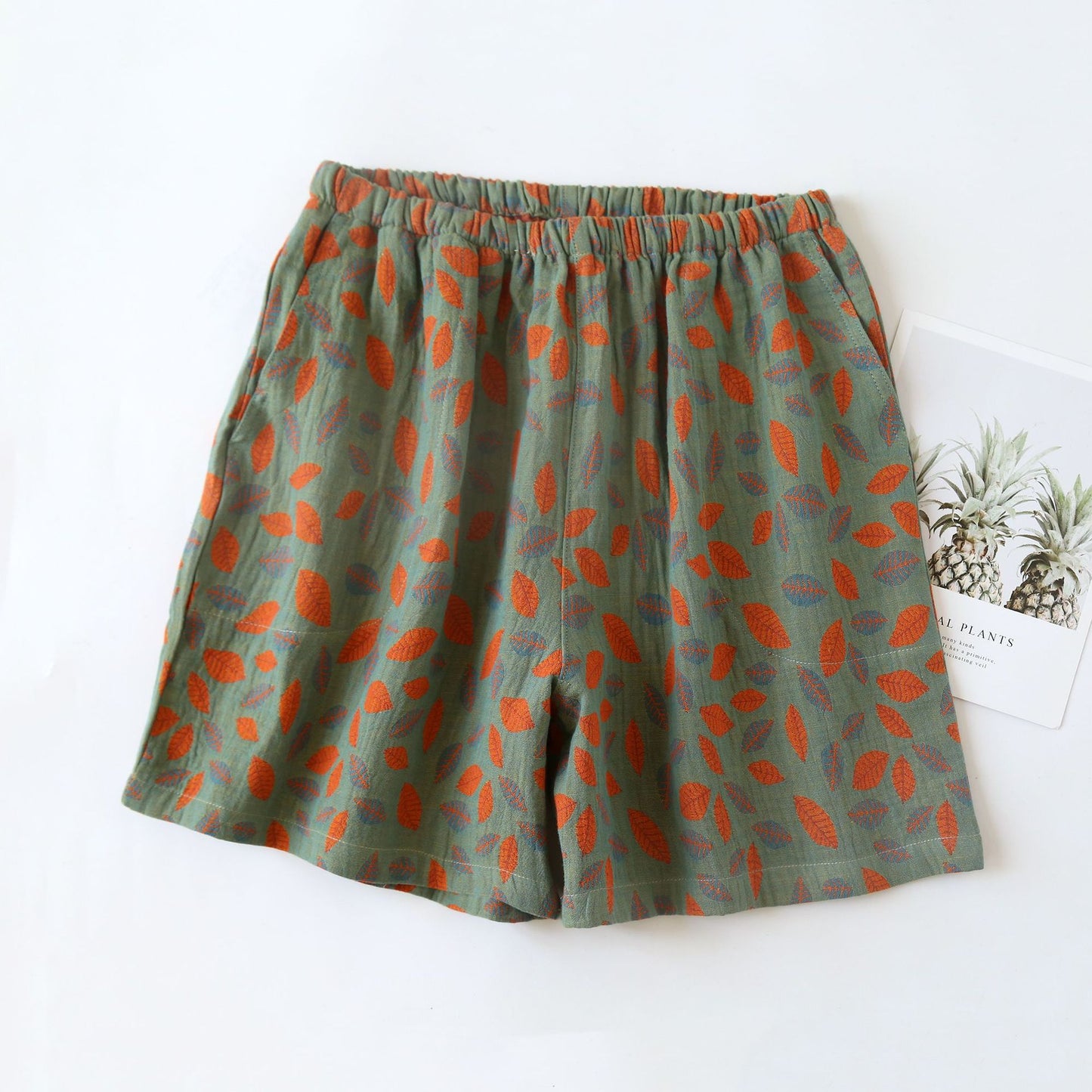 Short de pyjama en gaze de coton à imprimé floral et feuilles