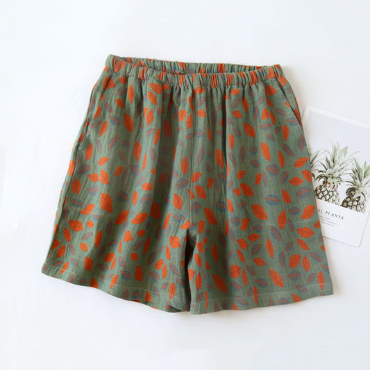 Short de pyjama en gaze de coton à imprimé floral et feuilles