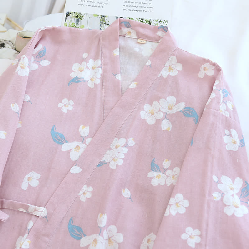 Ensemble pyjama en gaze de coton fleuri à col en V