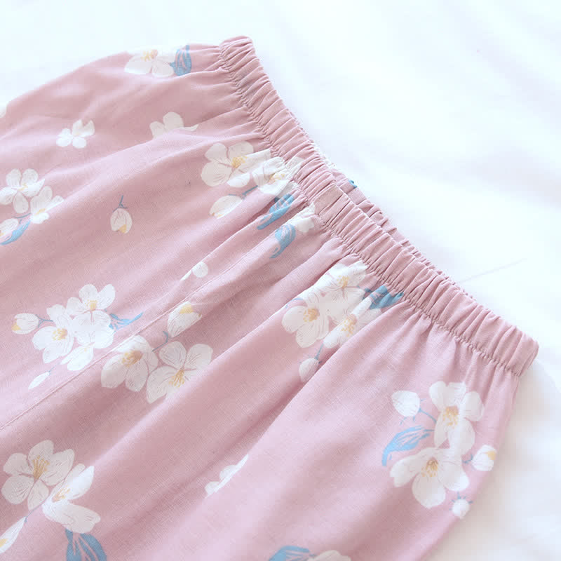 Ensemble pyjama en gaze de coton fleuri à col en V