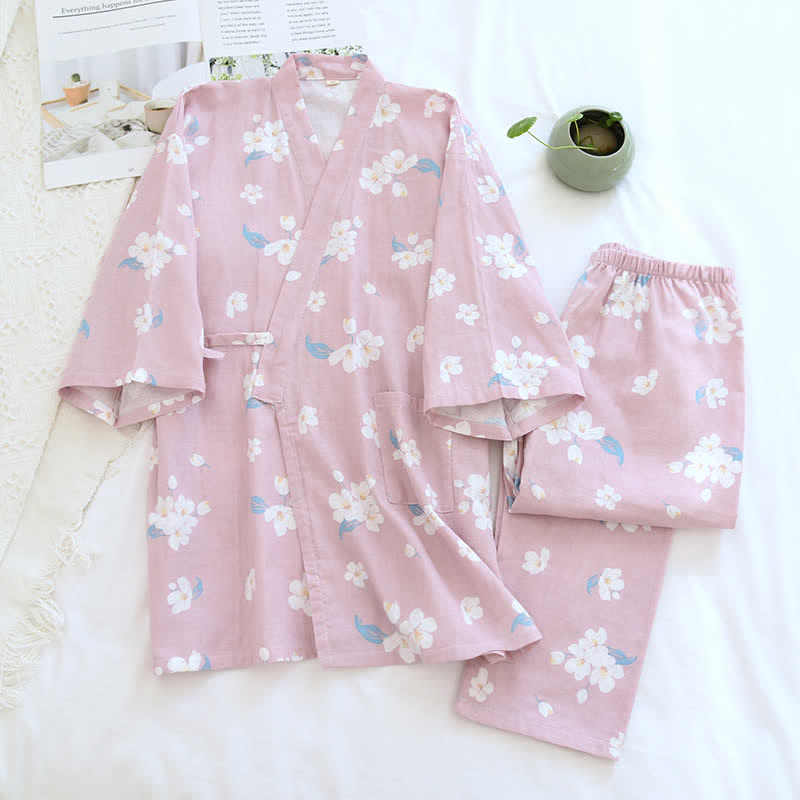 Ensemble pyjama en gaze de coton fleuri à col en V