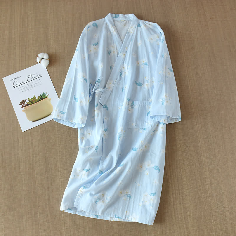 Ensemble pyjama en gaze de coton fleuri à col en V