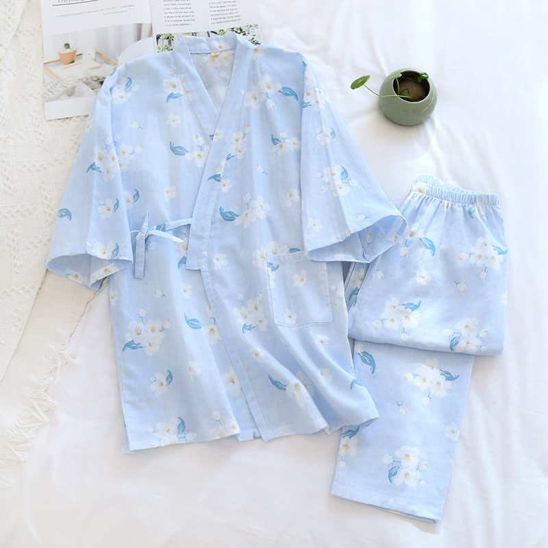 Ensemble pyjama en gaze de coton fleuri à col en V