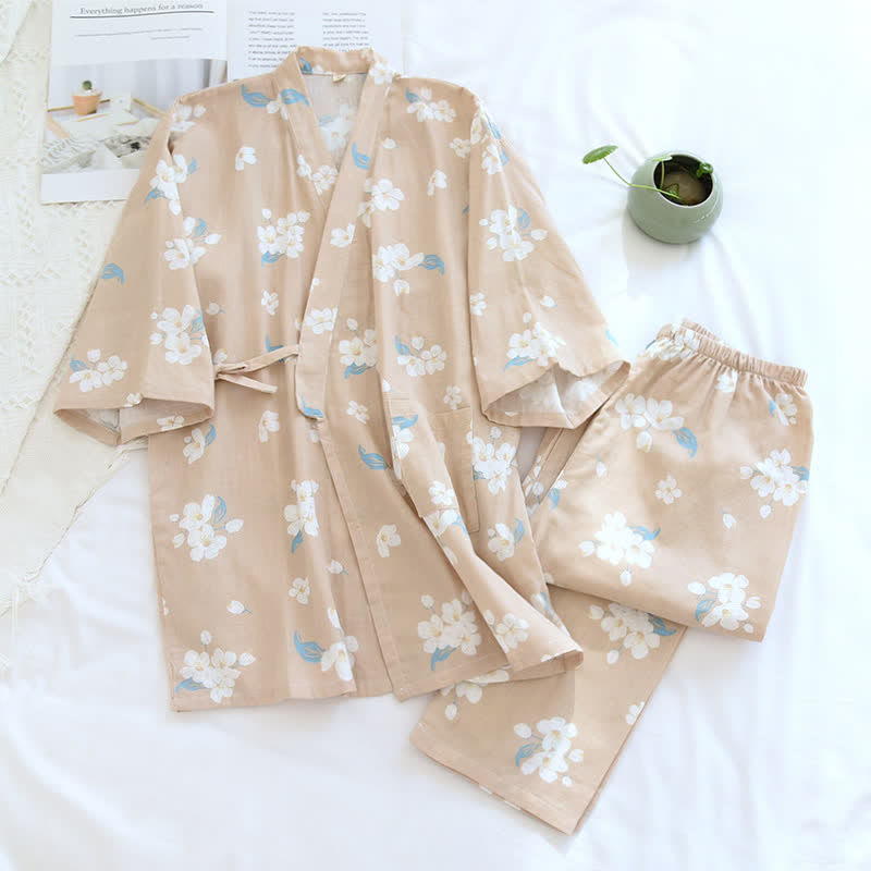 Ensemble pyjama en gaze de coton fleuri à col en V