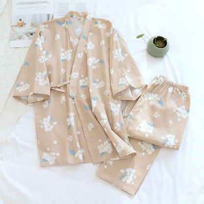 Ensemble pyjama en gaze de coton fleuri à col en V