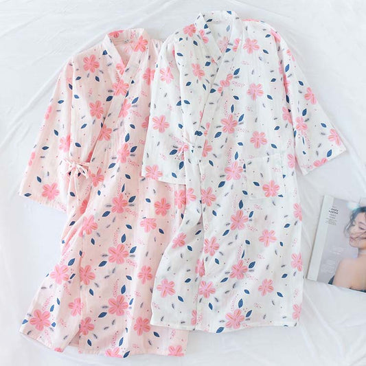Chemise de nuit en gaze de coton double épaisseur à motif floral