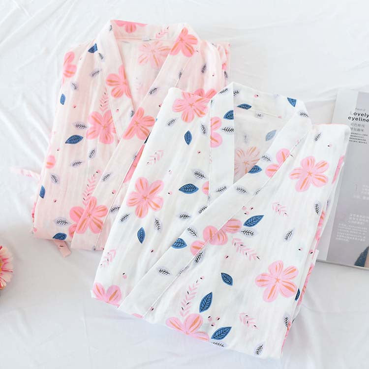 Chemise de nuit en gaze de coton double épaisseur à motif floral
