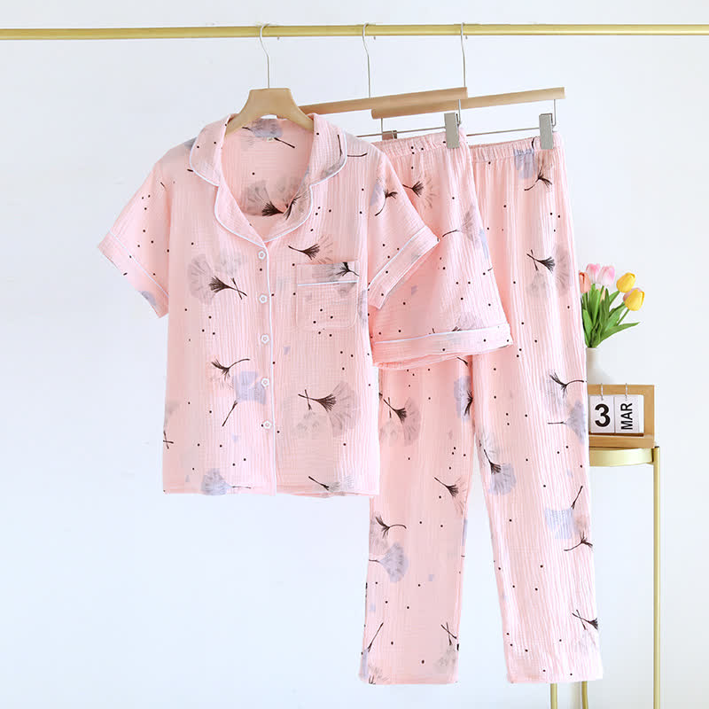 Ensemble pyjama en gaze de coton avec feuilles de ginkgo (3 pièces)